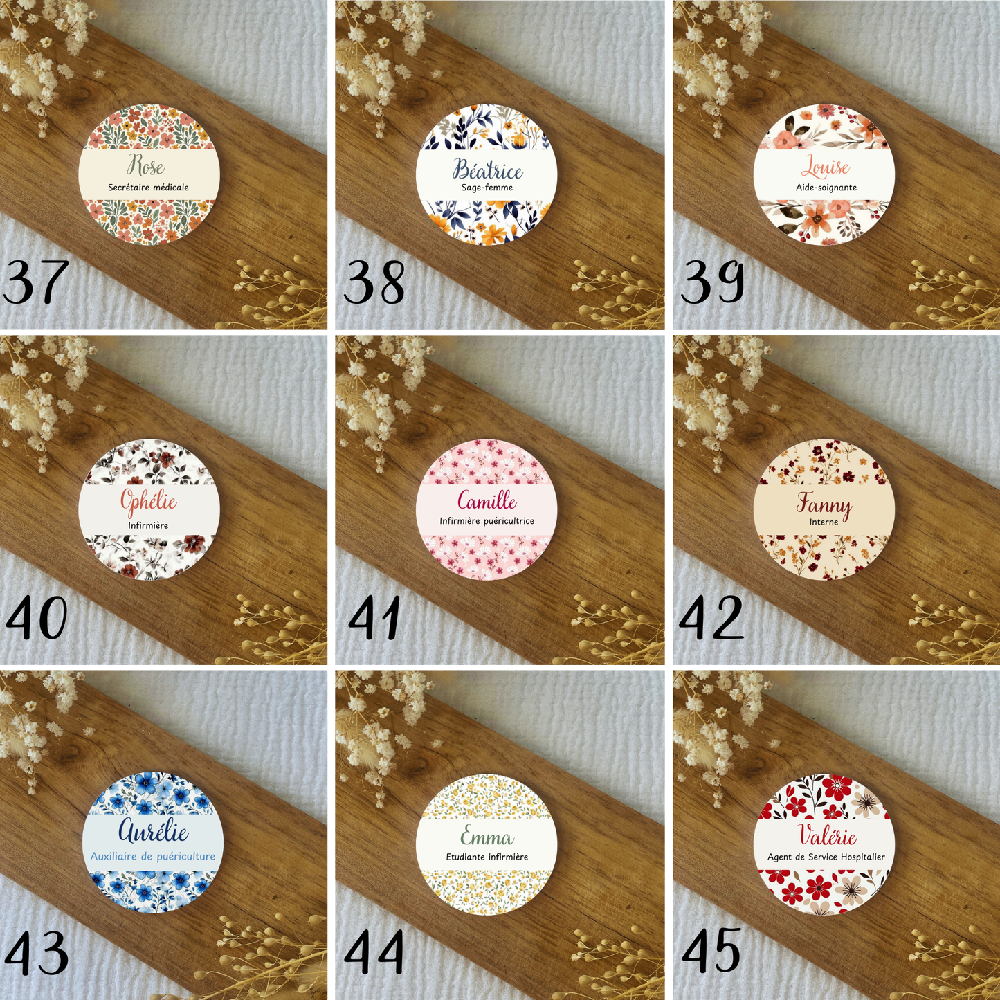 Badge soignant personnalisé 75mm Fleurs