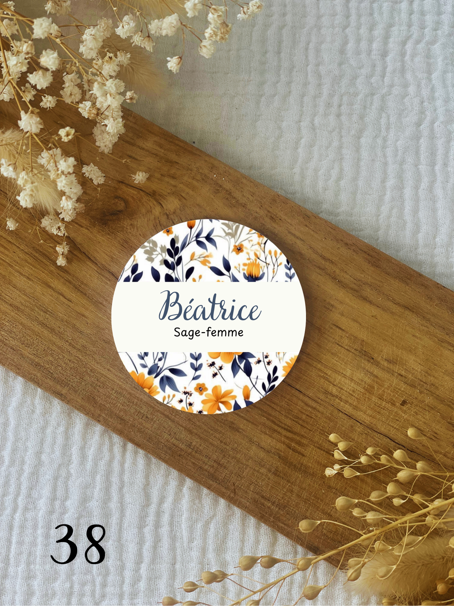 Badge soignant personnalisé 75mm Fleurs