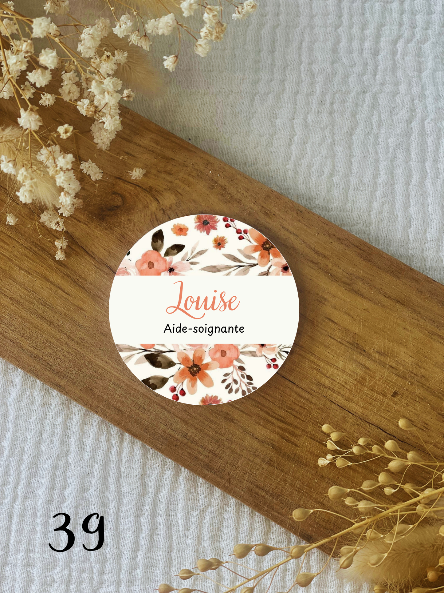 Badge soignant personnalisé 75mm Fleurs