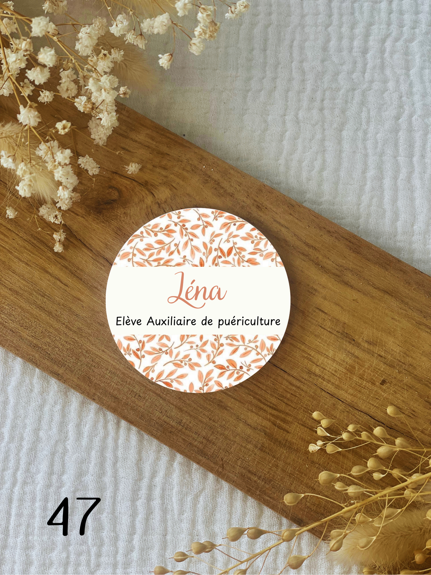 Badge soignant personnalisé 75mm feuillage