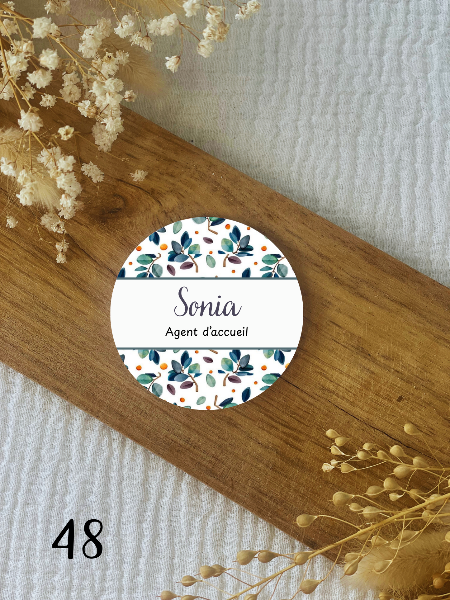 Badge soignant personnalisé 75mm feuillage