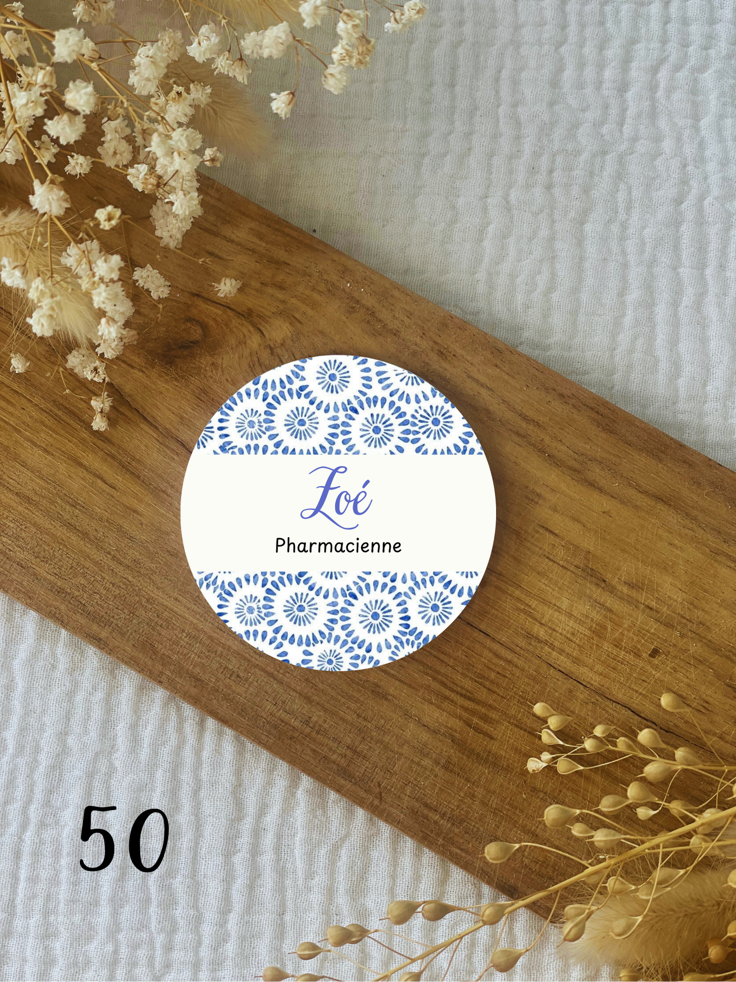 Badge soignant personnalisé 75mm feuillage