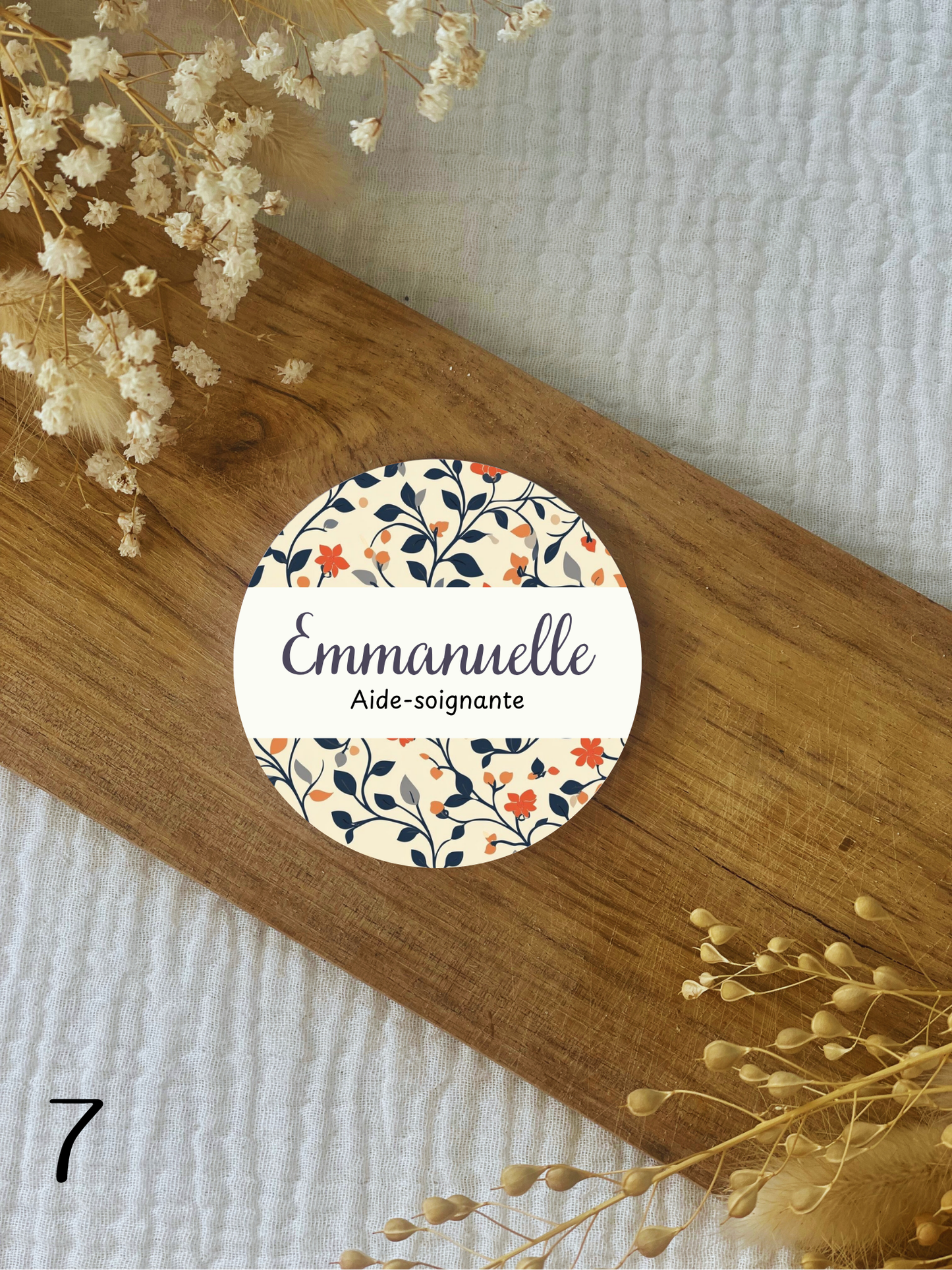 Badge soignant personnalisé 75mm feuillage