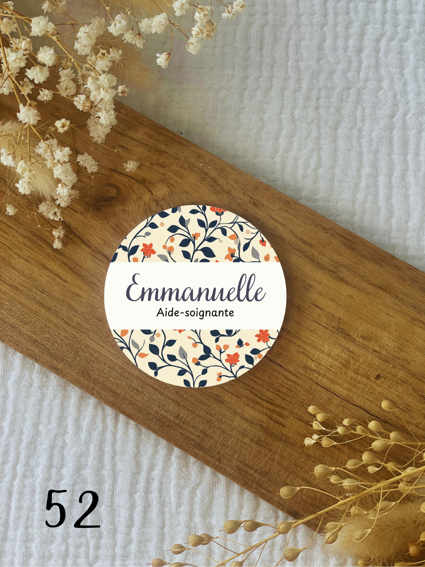 Badge soignant personnalisé 75mm feuillage