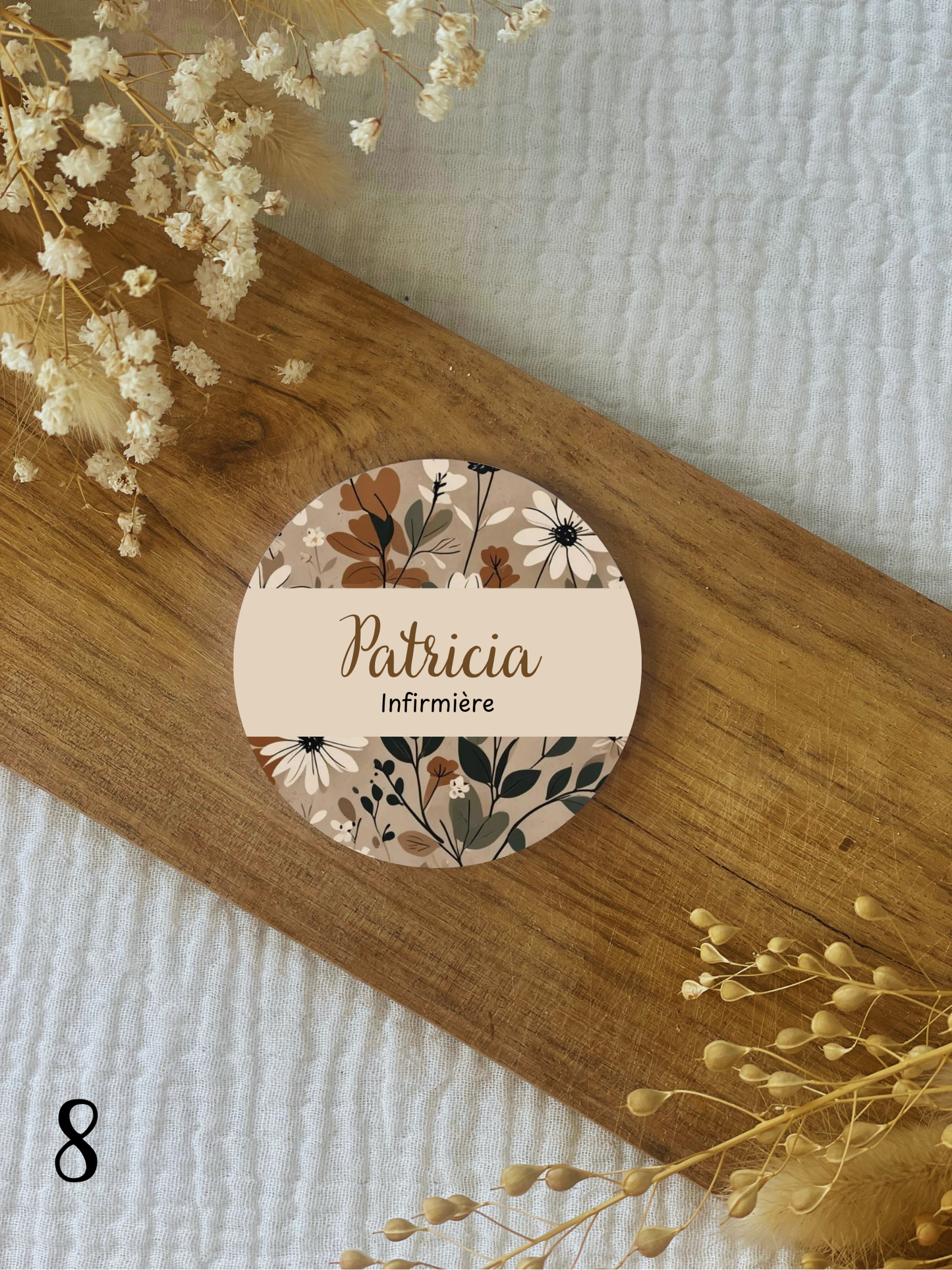 Badge soignant personnalisé 75mm feuillage