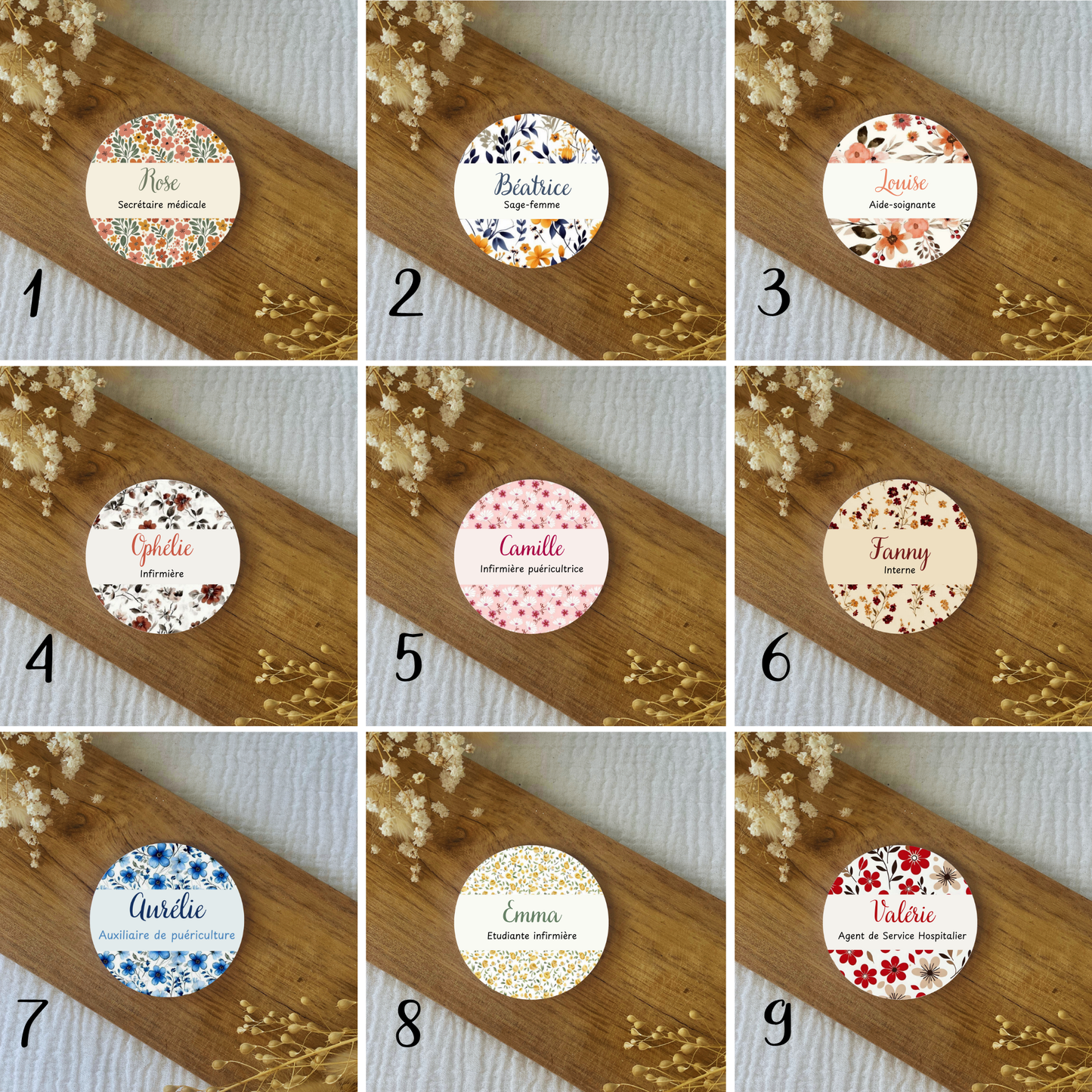 Badge soignant personnalisé 75mm Fleurs