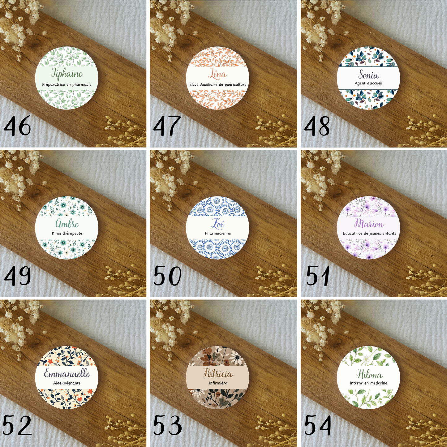 Badge soignant personnalisé 75mm feuillage