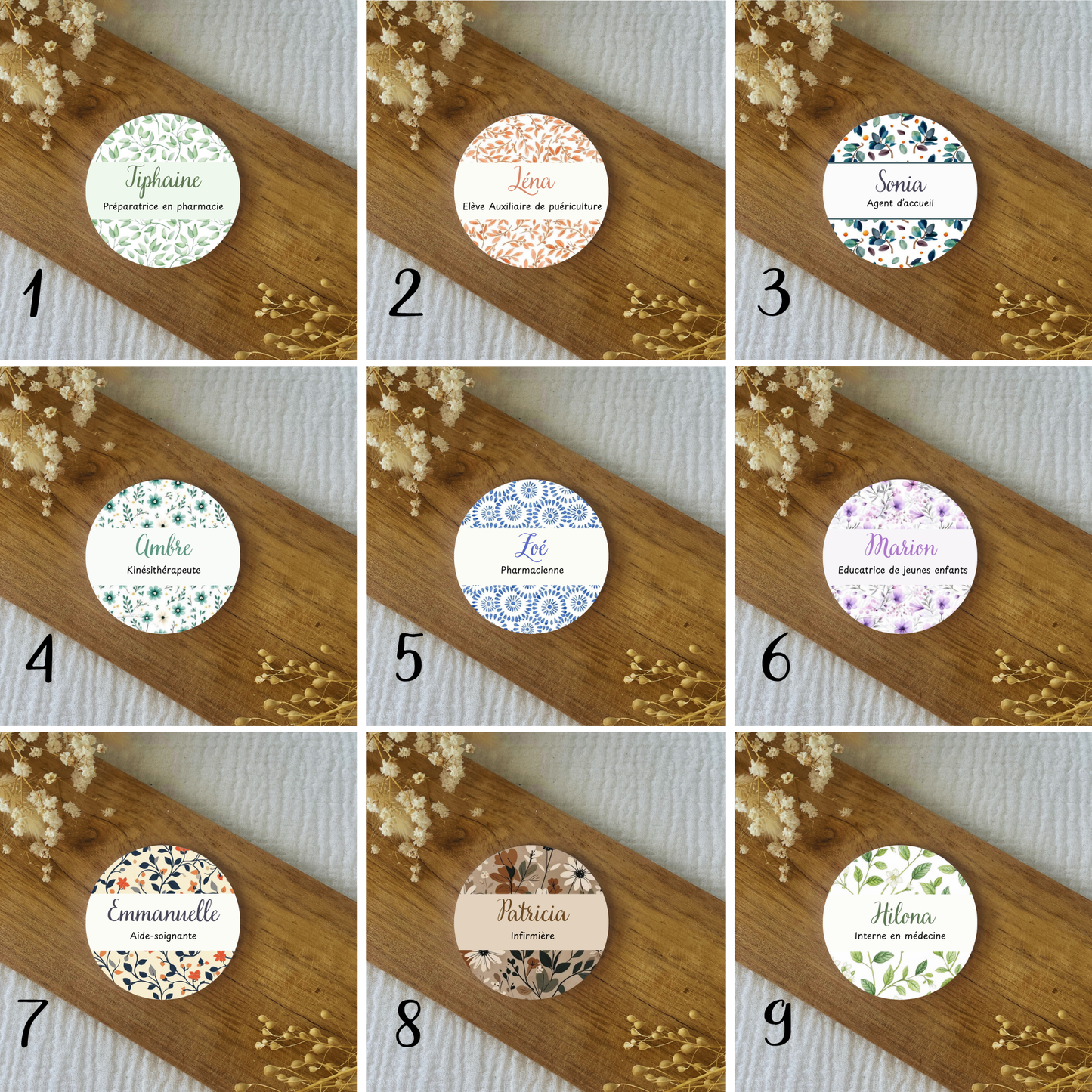 Badge soignant personnalisé 75mm feuillage